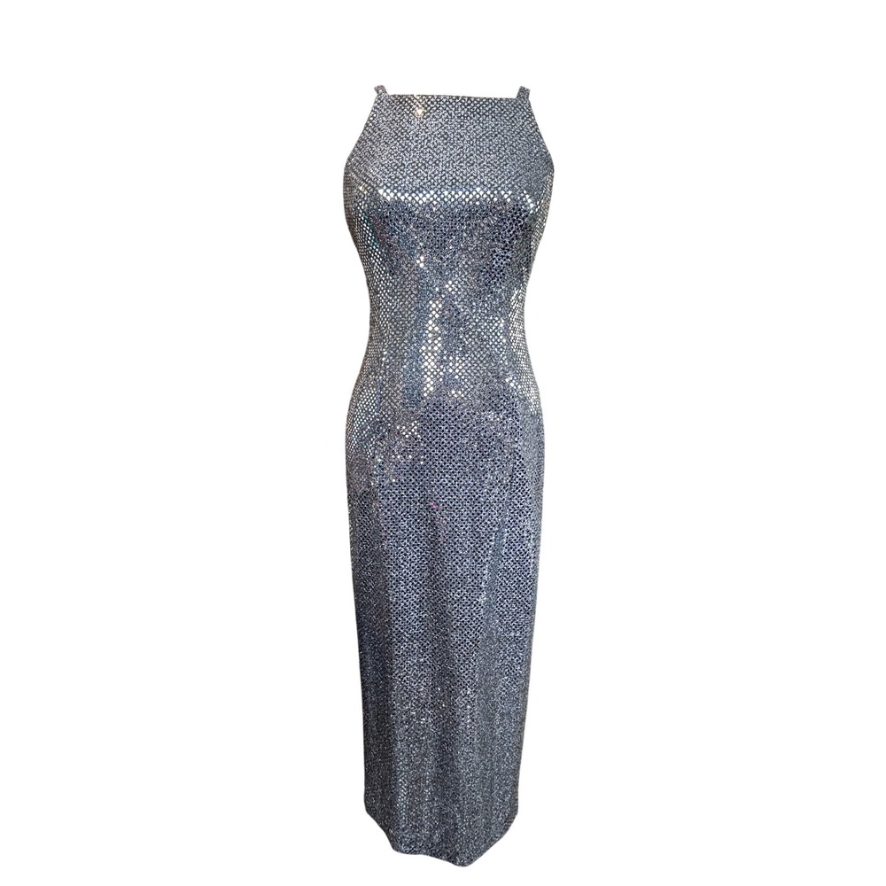 Formal All That Jazz Maxi Dress Sequin Sleeveless Square Neck 5/6 Silver Vintage